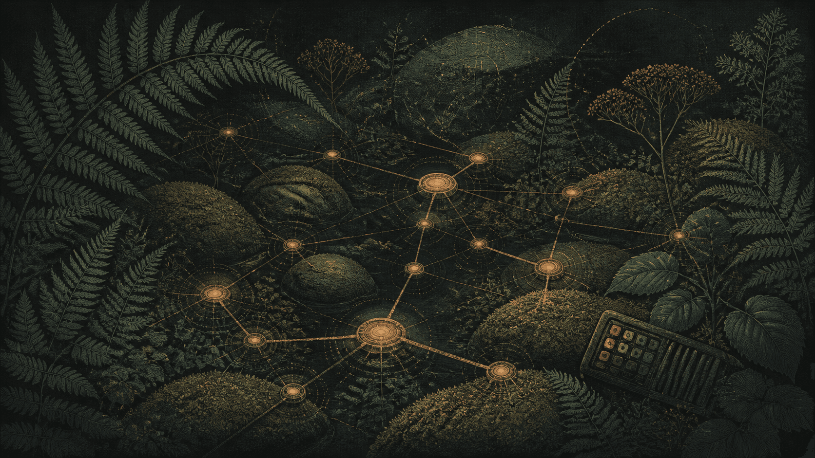 A dark botanical network of ferns, moss, and glowing knowledge nodes