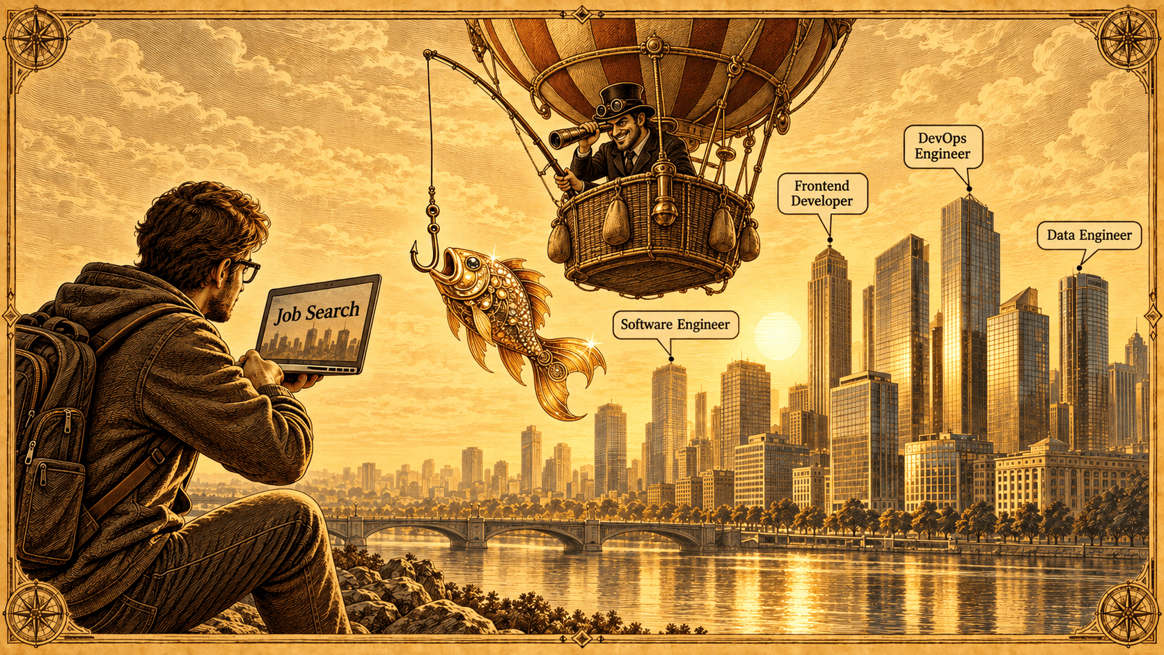 An adversary in a steampunk hot-air balloon watches a job hunter through a spyglass and dangles an ornate fish on a hook between the hunter and office towers representing job postings