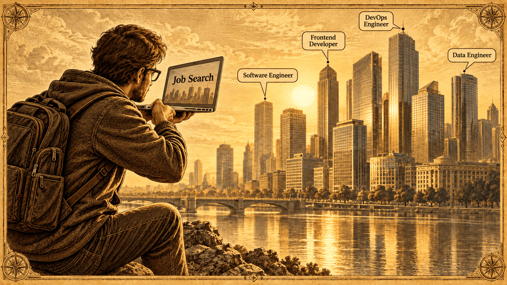Software engineer aiming a Job Search laptop toward office towers labeled with IT job titles