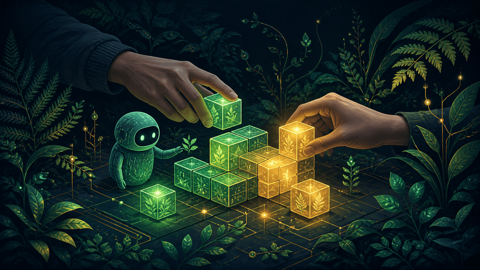 Hands and a small AI companion building glowing blocks together in a dark botanical garden