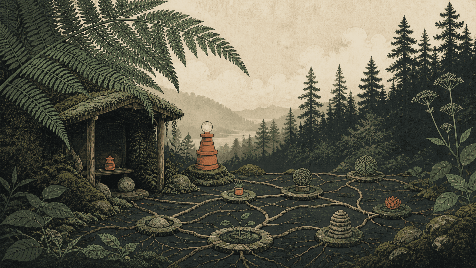 A serene digital garden field station connected by root-like pathways