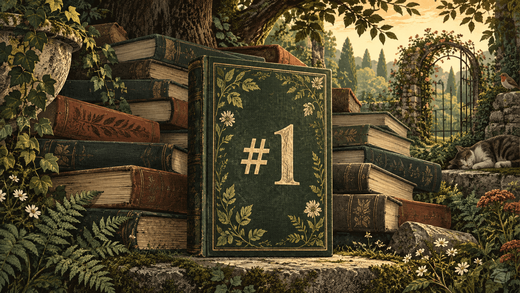 A book marked number one standing in front of a pile of books in a garden